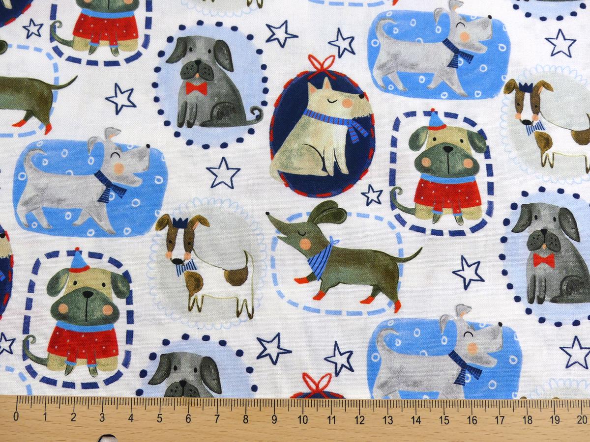 Patchworkstoff mit Hunden und Zicklein von Timeless Treasures Detailansicht mit Maß